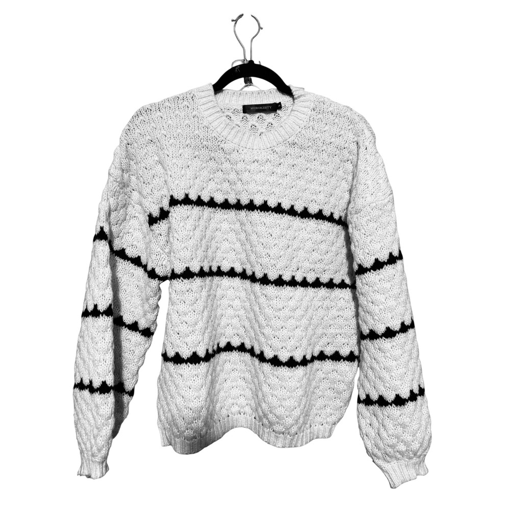 Merokeety Womens Oversized Boxy Chunky Sweater White Black Popcorn Knit Small